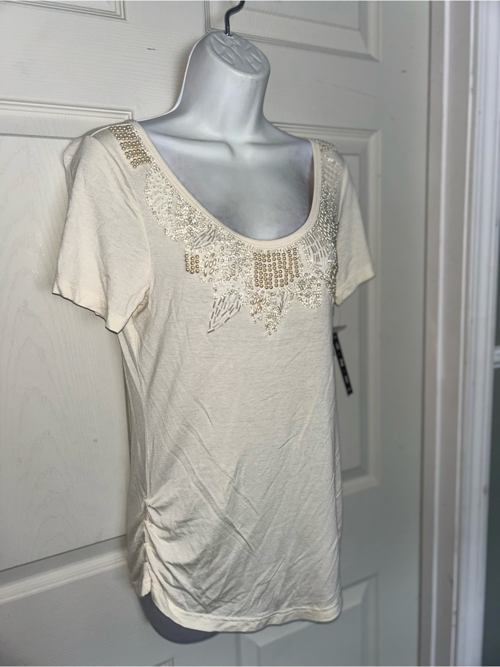 Beaded Scoop Neck Short Sleeve Top - Cream